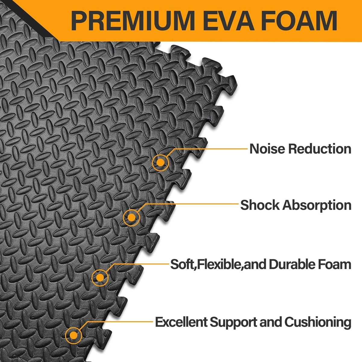 Tapis de sol emboîtable en mousse EVA pour exercice, 2,2 m² (24 pi²), 6 dalles de 61 x 61 x 1,3 cm pour salle de sport, garage, maison, bureau, yoga, gymnastique, Pilates, noir
