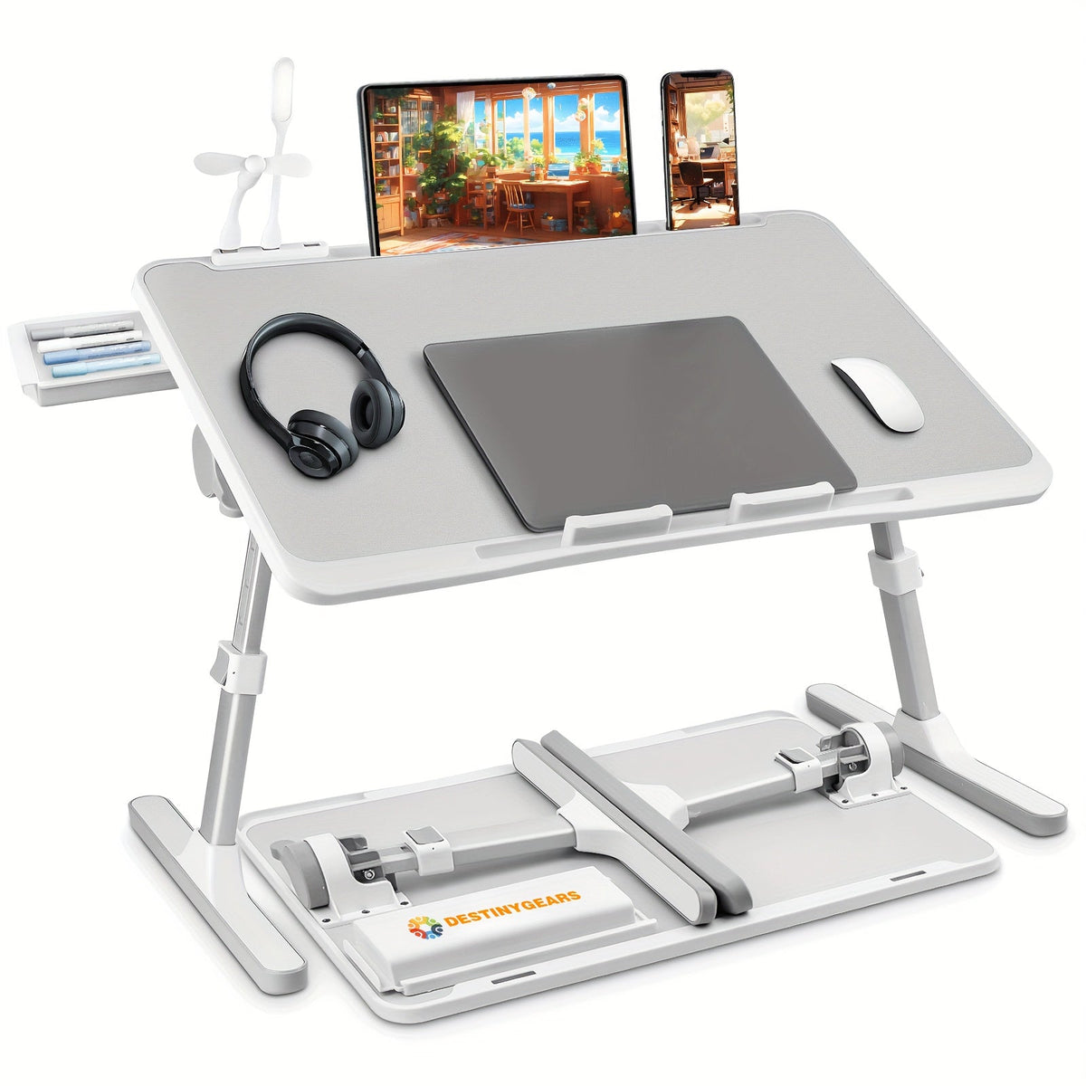 Plateau de lit pour ordinateur portable avec lampe USB, ventilateur et tiroir – Support d'ordinateur portable portable et réglable pour lit, canapé, bureau pour lire, écrire, manger, 10 couleurs et tailles