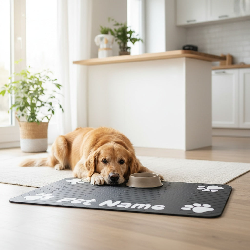 Tapis de nourrissage antidérapant pour animaux motif pattes – Sous-main imperméable à séchage rapide pour gamelles de chien et chat, avec motifs en forme d'os, résistant aux taches, facile à nettoyer, marron et blanc
