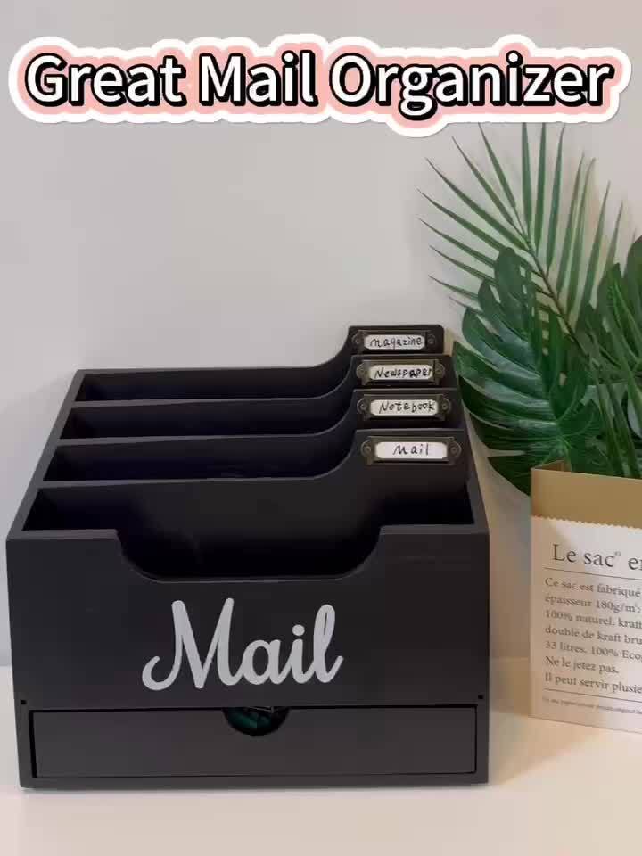 Grand organisateur de courrier de bureau en bois massif avec tiroir, 4 compartiments et séparateurs étiquetables pour dossiers, lettres et papier, organisateur de bureau pour bureau à domicile, étudiants et professionnels