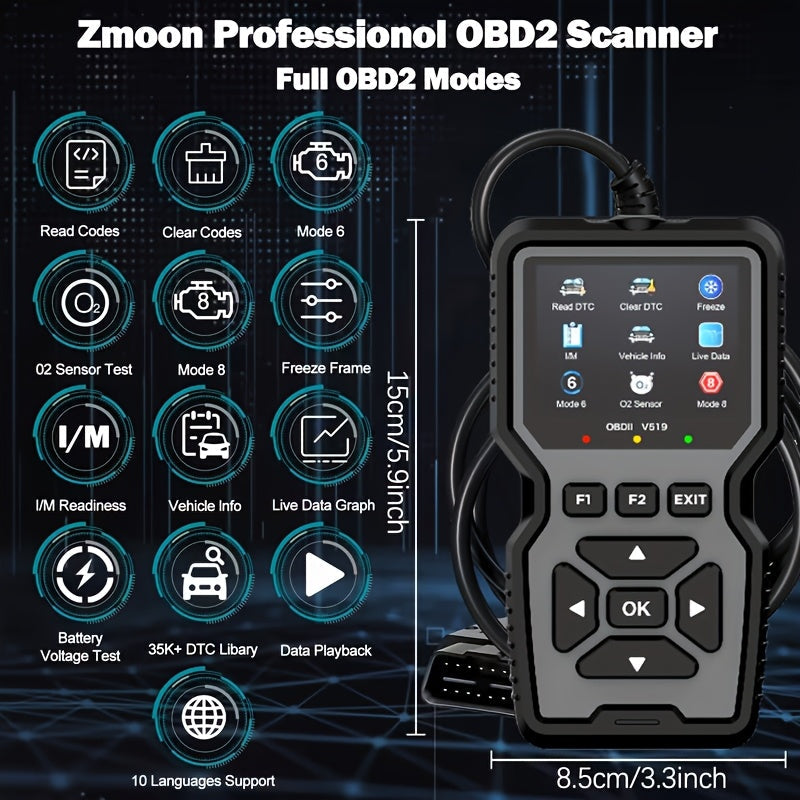 Outil de diagnostic OBD2, lecteur de codes défaut moteur universel avec fonction de réinitialisation, modes 6 & 8, test de préparation I/M – Compatible avec toutes les voitures, camions et SUV OBDII depuis 1996 – Gris