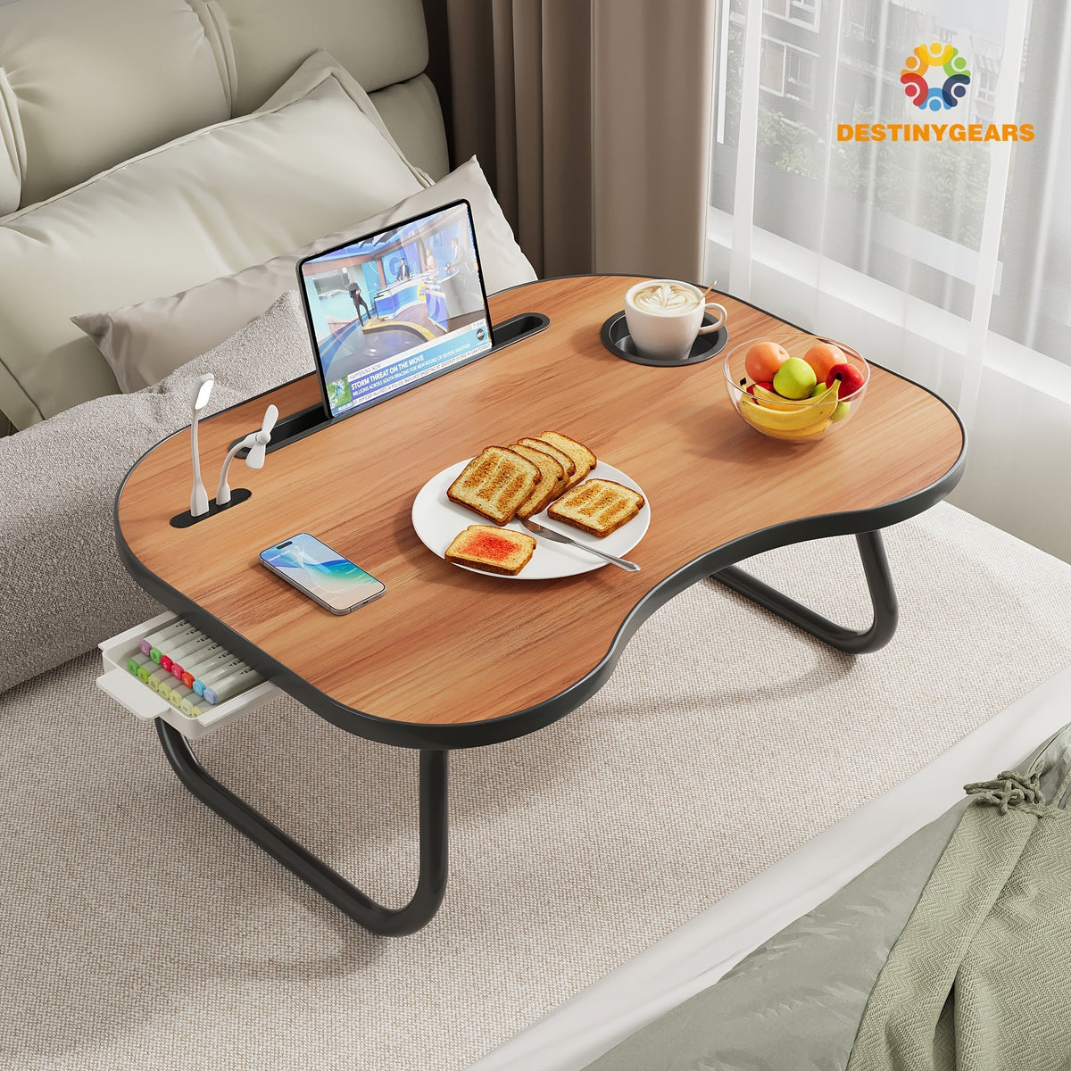 Support pour ordinateur portable avec port USB, tiroir de rangement et porte-gobelet – Plateau de lit en bois noyer pour manger, écrire, canapé, adultes et étudiants