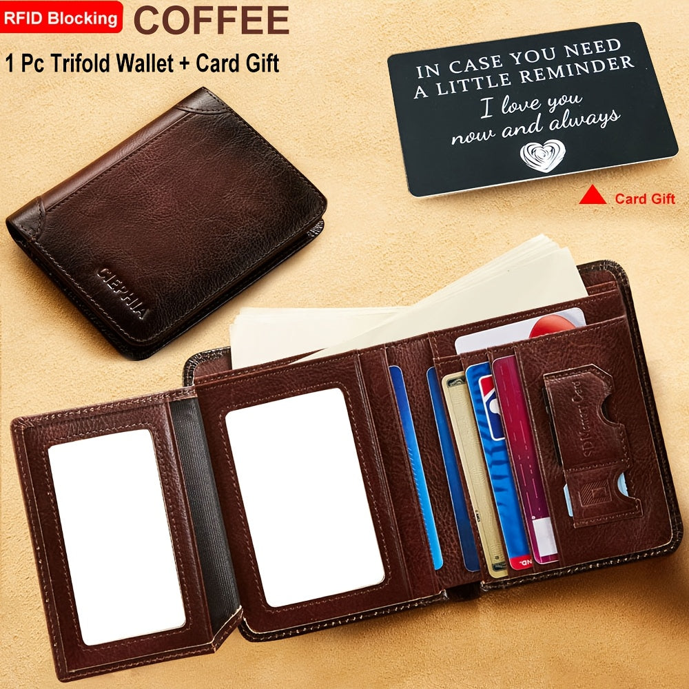 Portefeuille pour homme en cuir véritable avec protection RFID, trois volets, cuir de vachette vintage, porte-cartes de crédit, 2 fenêtres pour carte d'identité, pince à billets, emplacements pour espèces, cadeau de fête des pères pour papa ou mari