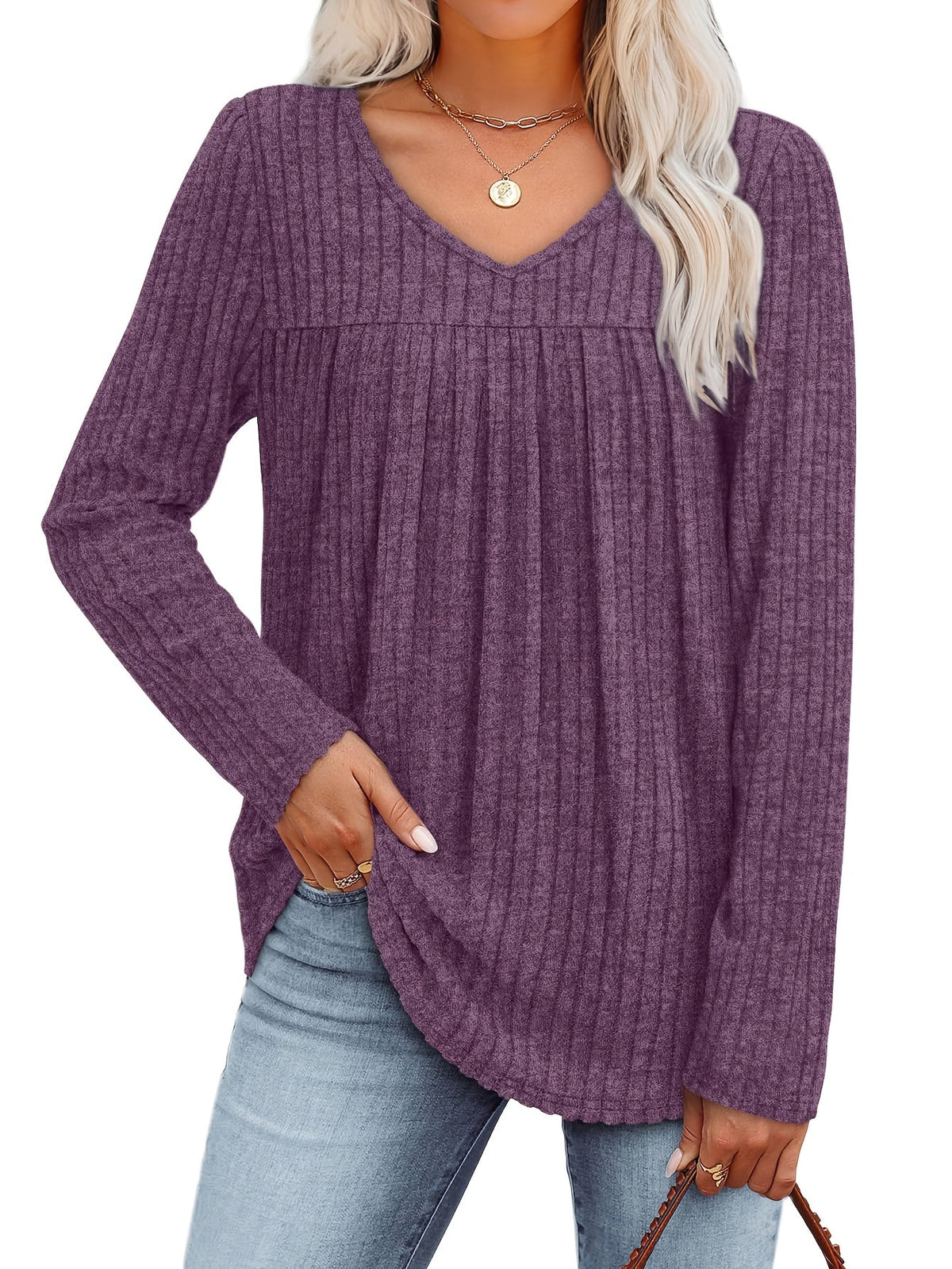 Haut-pull à manches longues et col en V pour femme – Chemisier décontracté et léger à pli frontal, chemise élégante et ample, plusieurs couleurs, tailles S à XXL