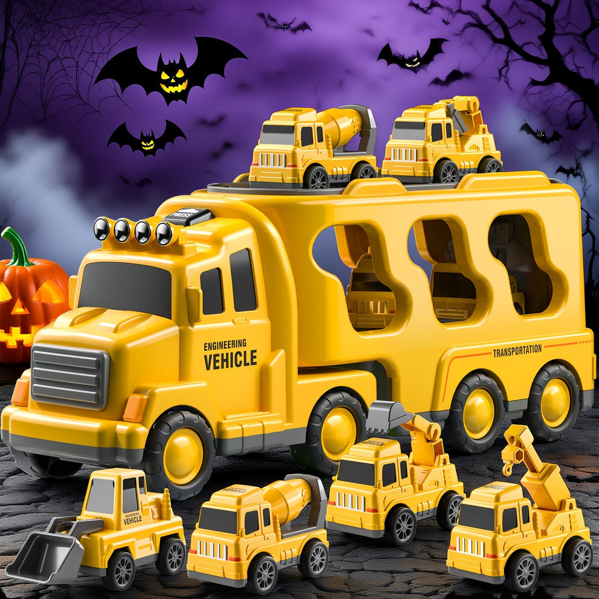 Camion de transport de véhicules de construction pour garçons de 3, 4, 5, 6, 7 ans - Ensemble de jeu porte-voitures avec mini camions, jouets de construction STEM pour enfants, cadeau de Noël ou d'anniversaire pour garçons et filles