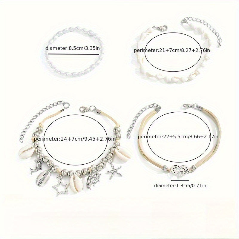 Lot de 4 bracelets de cheville océan – Bracelets de cheville pour femmes avec pendentifs perle, coquillage et étoile de mer plaqués argent 925, bijoux bohème pour vacances à la plage et soirées, ensemble de bracelets de cheville superposés en cadeau