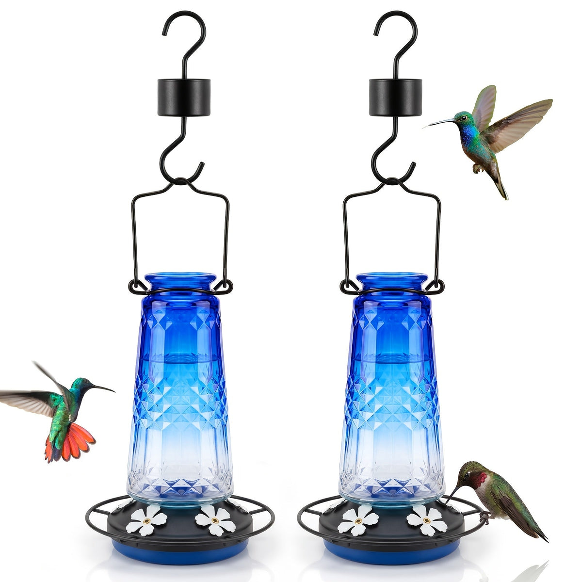 Glass Hummingbird Feeder for Outdoors Hanging – 24 Oz Nectar Feeder with 6 Feeding Ports, Ant Moat & Leak-Proof Design, 1 or 2 Pack, Red, Blue & Purple, Garden Patio Gift for Bird Lovers