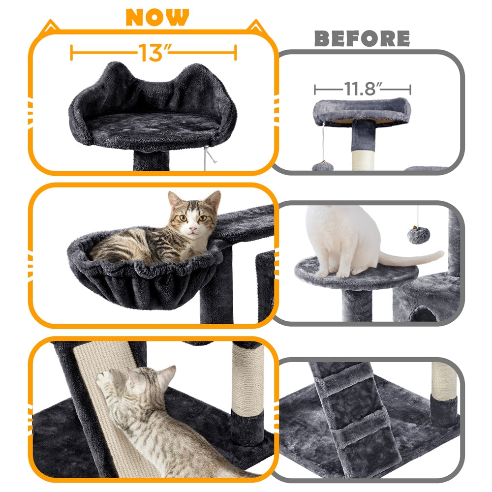 Arbre à chat multiniveaux de 145 cm avec 2 niches – poteaux à griffer en sisal, balle suspendue, plateforme ronde et échelle pour chatons et petits chats d'intérieur, 6 couleurs, cadeau de Noël pour les amoureux des chats