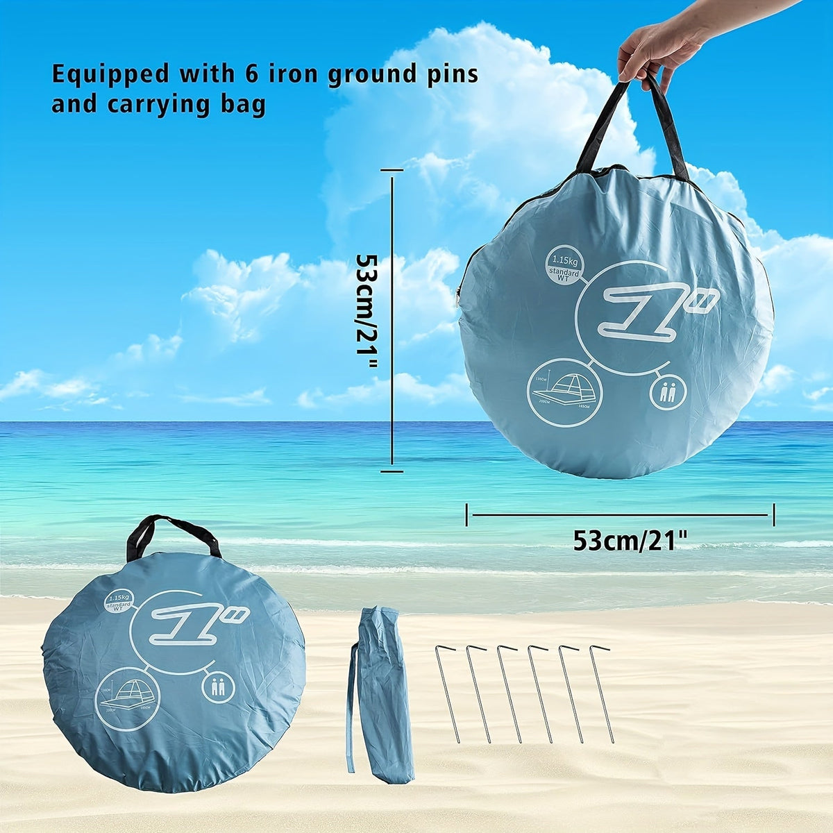 Tente de plage pop-up pour 2-3 personnes, abri solaire portable avec protection UV et revêtement argenté anti-UV, auvent de camping facile à monter avec sac de transport et piquets pour la plage, la pêche, la randonnée et le jardin, bleu et vert