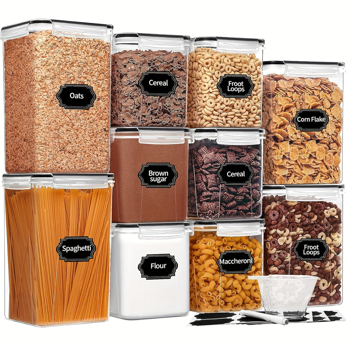 Lot de 10 récipients hermétiques de conservation des aliments avec couvercles – Organiseurs sans BPA pour céréales, farine, sucre et riz, inclut verre doseur, étiquettes et feutre