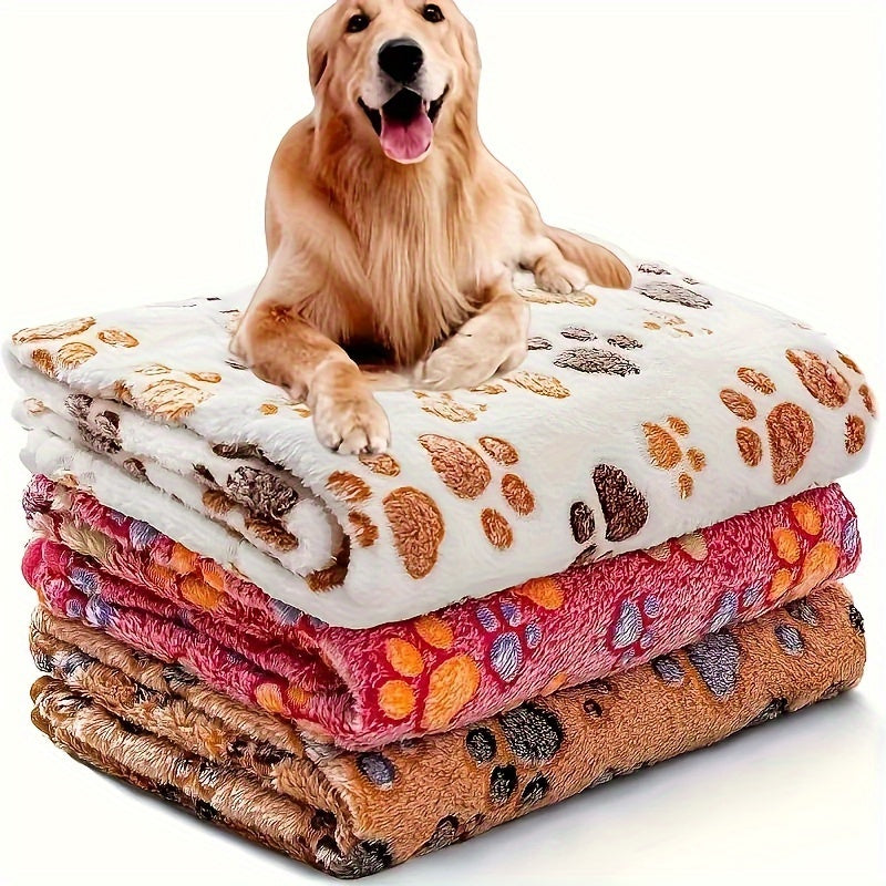 Lot de 3 couvertures en polaire pour chiens, chats et chiots – Plaid en flanelle super doux, duveteux et résistant, motifs pattes marron, rose et blanc, lavable en machine, serviette de séchage pour animaux incluse