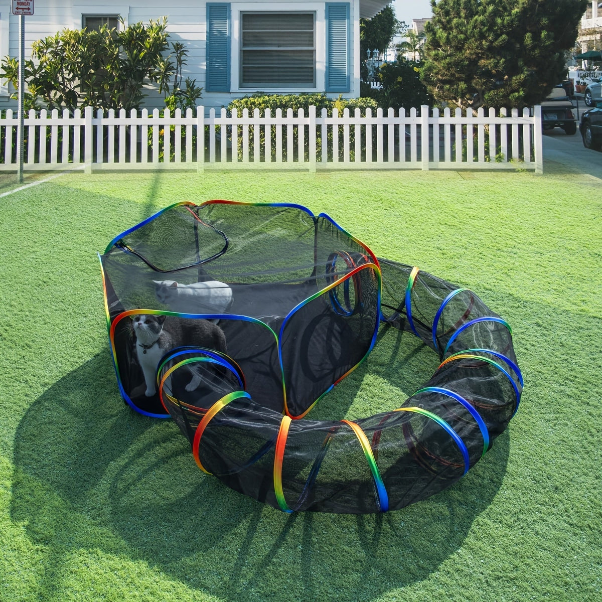 Parc pour chat Rainbow, enclos extérieur pour chat avec tunnel circulaire et tente pop-up portable, aire de jeu pliable pour chats, chatons et petits animaux, usage intérieur et extérieur