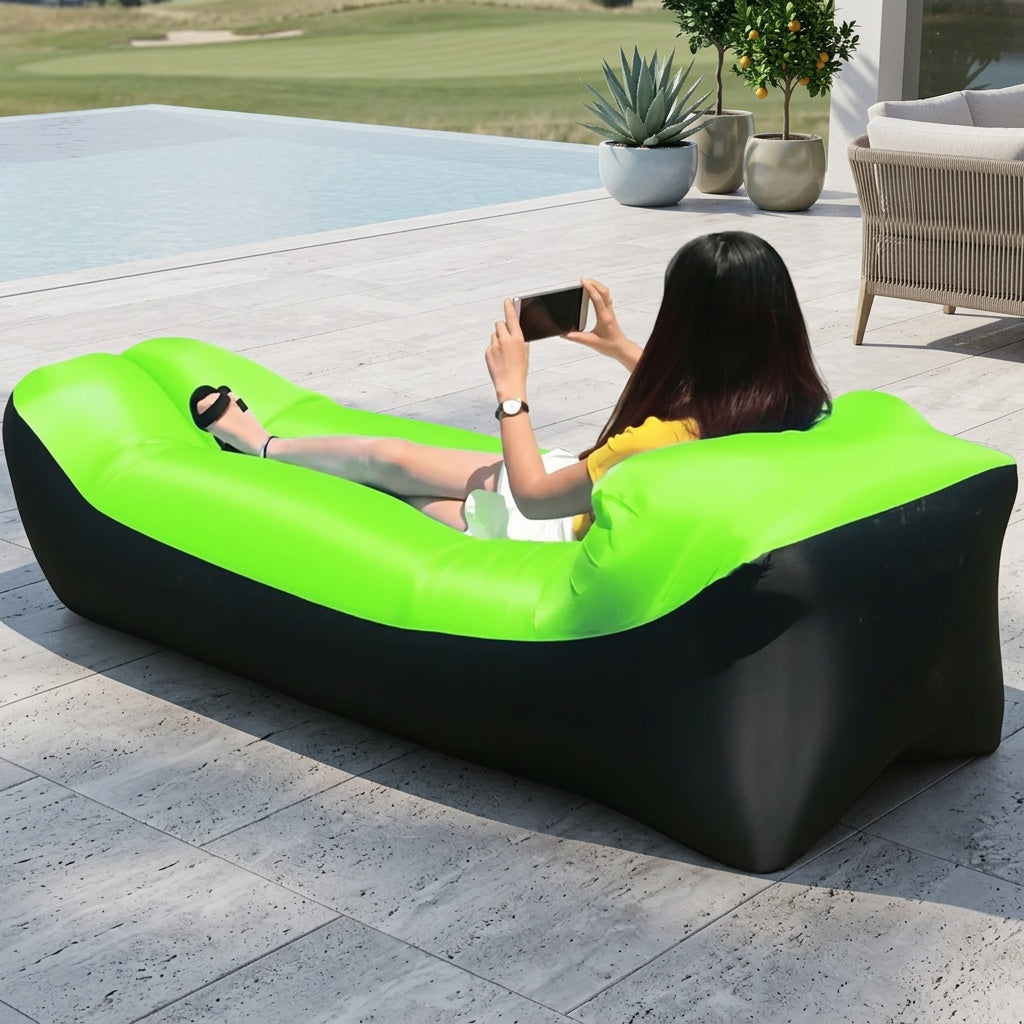 Canapé gonflable portable et fauteuil inclinable pour l'extérieur – Transat robuste semblable à un lit, gonflage et dégonflage rapides, léger et compact pour le camping, la plage, le jardin et les voyages, aucune pompe nécessaire
