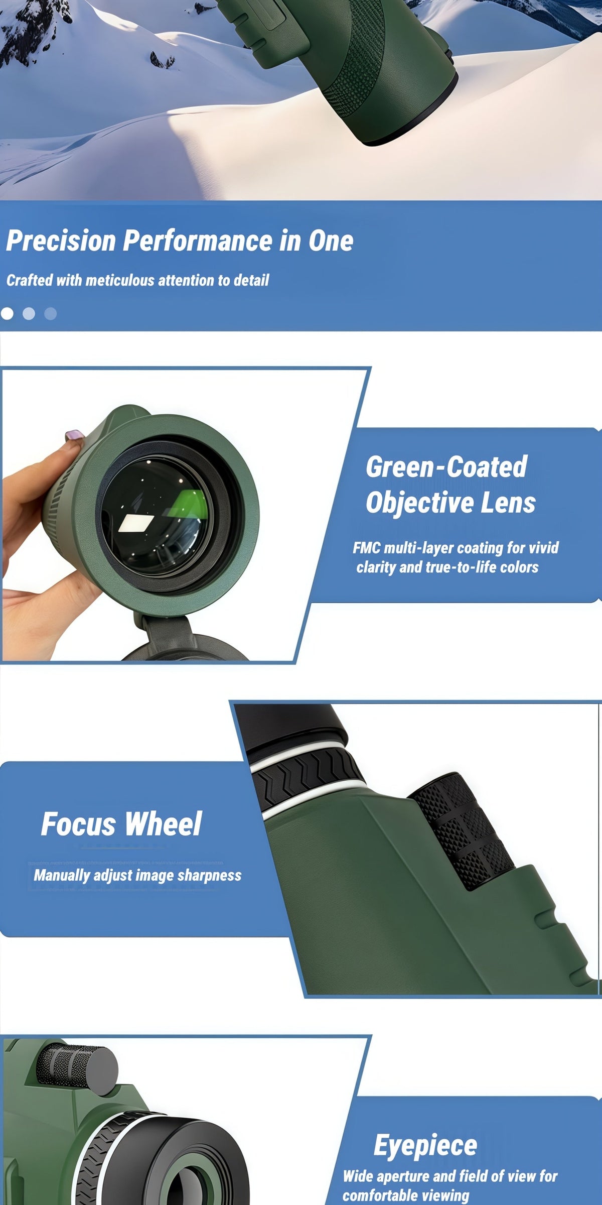 Monoculaire HD 10x42 avec adaptateur pour téléphone et trépied – Longue-vue compacte à lentilles FMC pour l'observation des oiseaux, la faune, la randonnée, le camping, les concerts et le sport – Noir et vert, cadeau de Noël