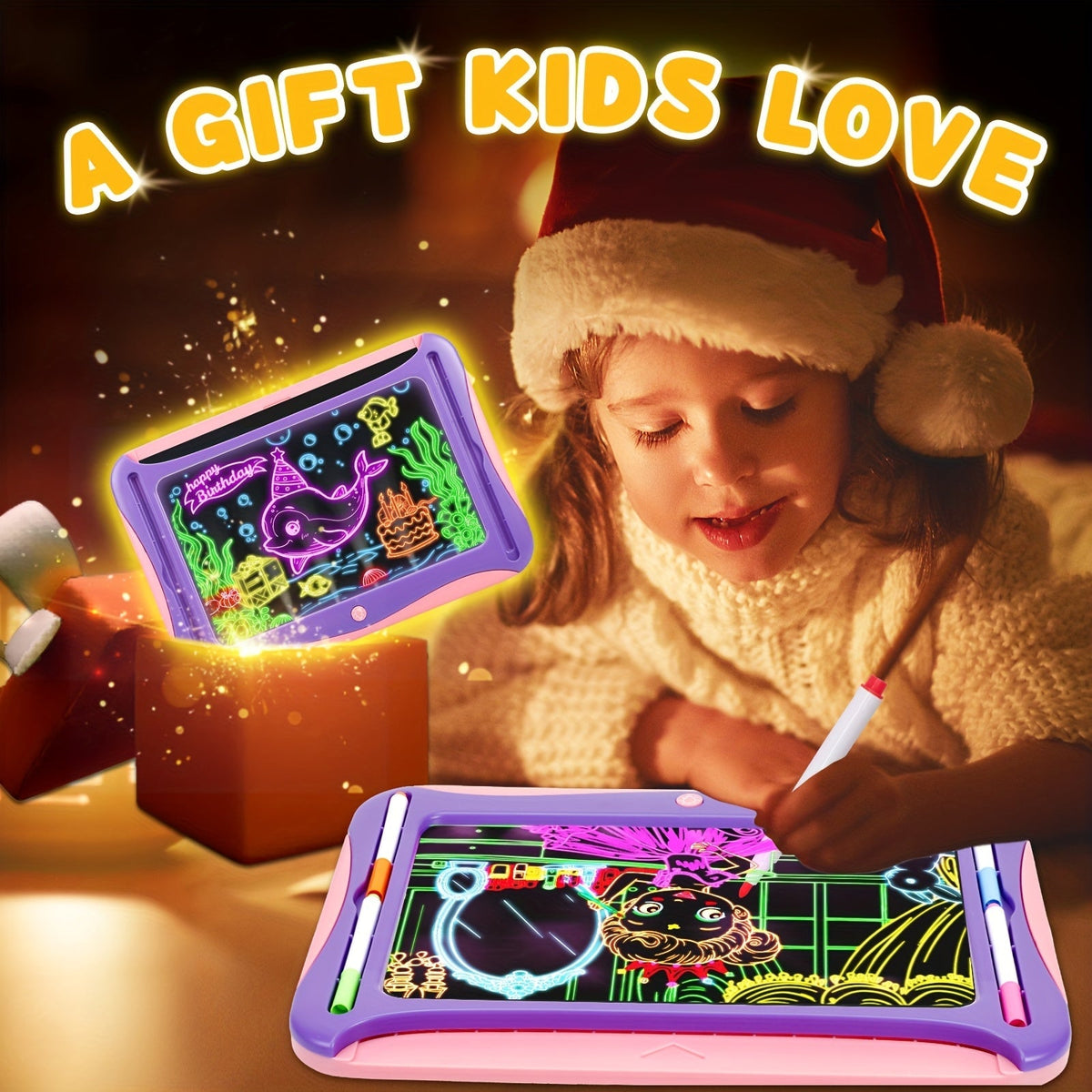 Tablette à dessin lumineuse LED pour enfants de 3 à 8 ans – Kit d’art phosphorescent avec 9 cartes recto-verso et 6 marqueurs, jouet éducatif de voyage, cadeau d'anniversaire et de Noël pour filles et garçons