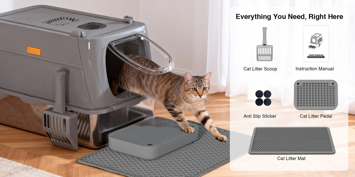Bac à litière pour chat surdimensionné en acier inoxydable avec couvercle, toilette intérieure pliable anti-éclaboussures avec porte à rabat avant et contrôle supérieur des odeurs