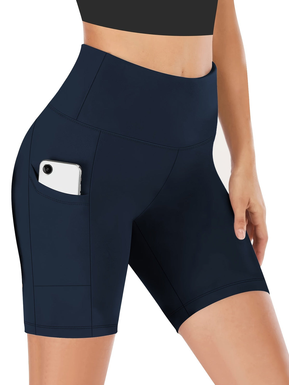 Short de yoga taille haute pour femme – Short de sport extensible 4 directions, anti-transpirant, avec ceinture élastique et poches latérales pour la course, le vélo et l'entraînement – Noir, gris foncé et bleu marine, tailles S-XXL