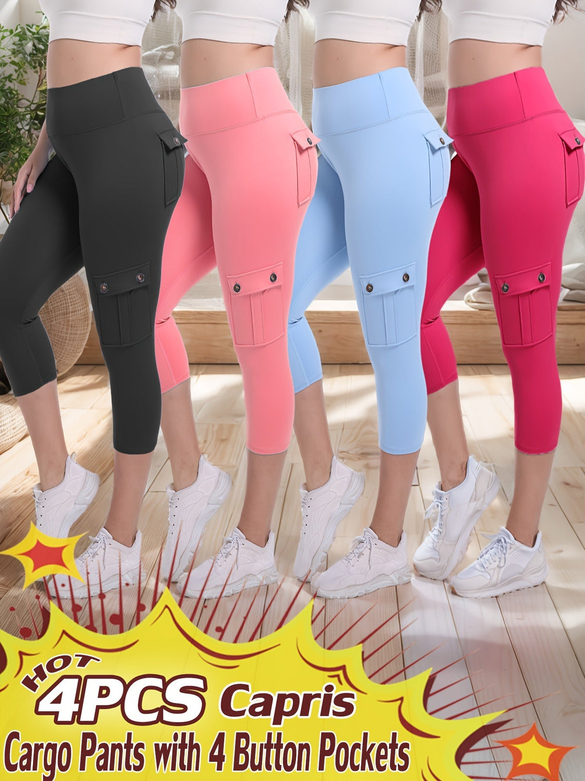 Lot de 4 pantalons de yoga Capri taille haute pour femmes, extensible dans les 4 sens, galbant, gainant, 4 poches - Leggings de sport pour la course, S-XXL, toutes saisons