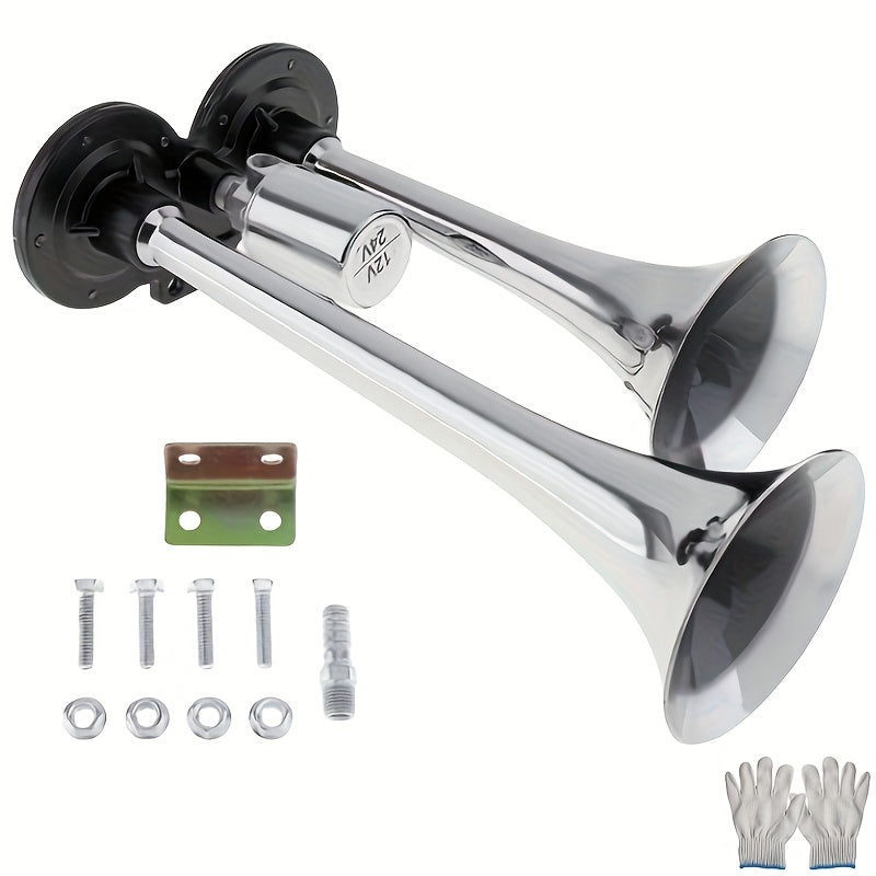 Kit de klaxon à air double super puissant 12V 24V avec compresseur d'air 105-137 dB, klaxon électrique universel en alliage d'aluminium pour camion, train, voiture, SUV, moto, bateau et pick-up
