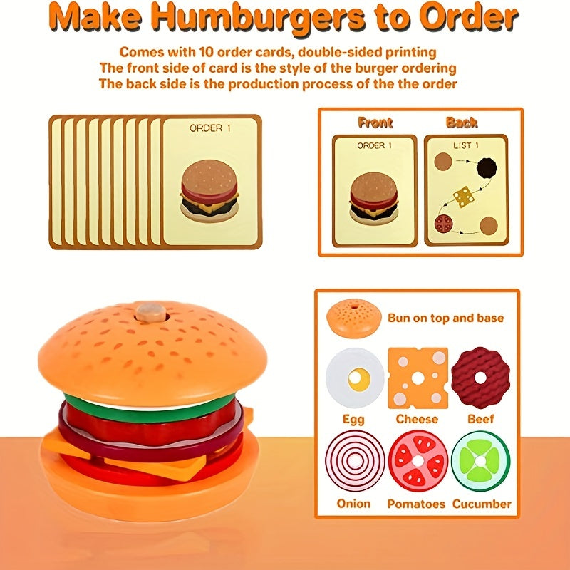 Ensemble de jeu de construction de hamburger en bois, jeu de motricité fine avec pièces alimentaires et cartes de commande, jouet Montessori d'imitation pour tout-petits de 3 ans et plus, cadeau d'anniversaire, d'Halloween, de Thanksgiving et de Noël