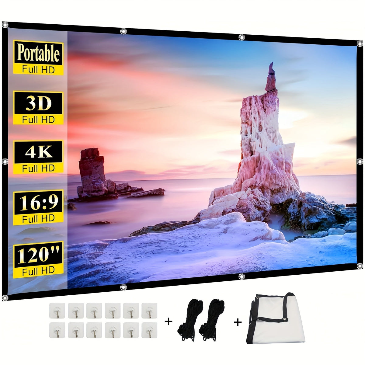 Écran de projection portable 100 pouces 4K HD 16:9 – Écran de cinéma pliable anti-plis pour intérieur et extérieur, angle de vision large 160° à projection double face pour home cinéma, camping, fêtes et présentations