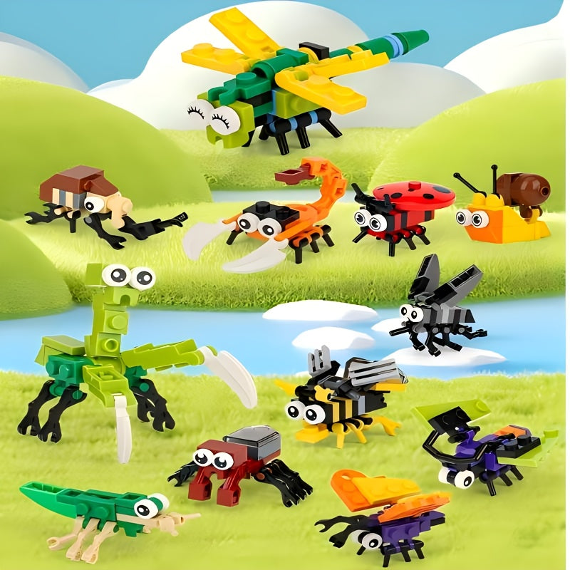 Ensemble de 12 mini jeux de construction d'animaux et d'insectes pour enfants - Briques emboîtables à petites particules avec modèles d'animaux à assembler soi-même, jouet de construction STIM, cadeau d'anniversaire et activité de classe