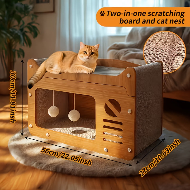 Maison à griffer en carton pour chat – Abri et couchage durables avec jouet plumeau, griffoir d'intérieur ventilé, disponible en tailles 17,7" et 22"