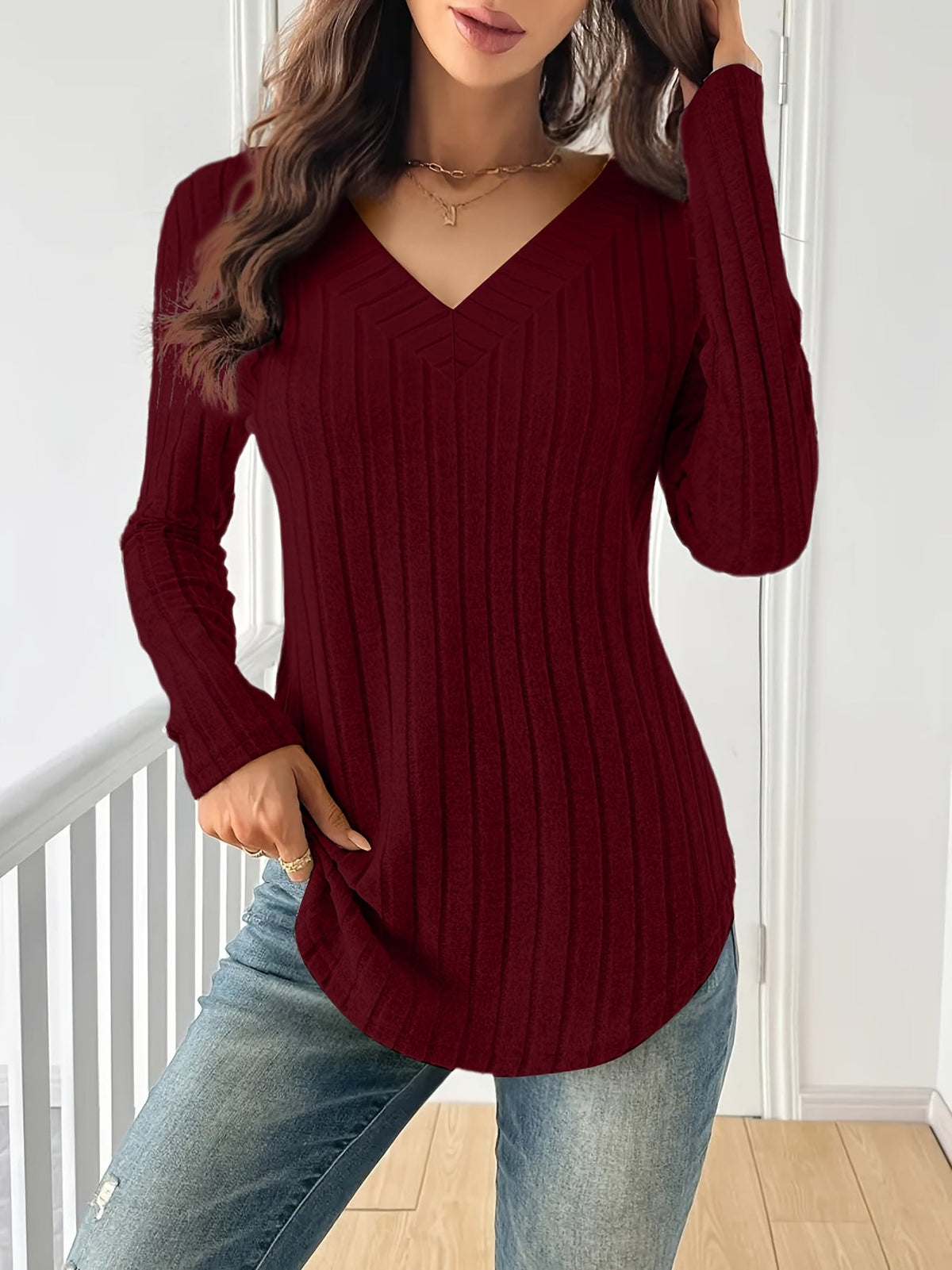 T-shirt à manches longues et col en V pour femme – Haut décontracté en maille côtelée extensible et douce pour le printemps, l'automne et l'hiver | Multicolore S-XXL