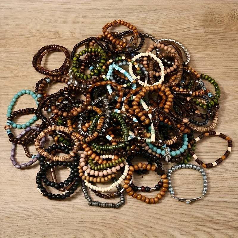 Lot de 36 bracelets à perles en bois style bohème pour femmes et hommes – Faits main, style vintage avec breloques en alliage de zinc, lot de bijoux en gros pour cadeaux et fêtes