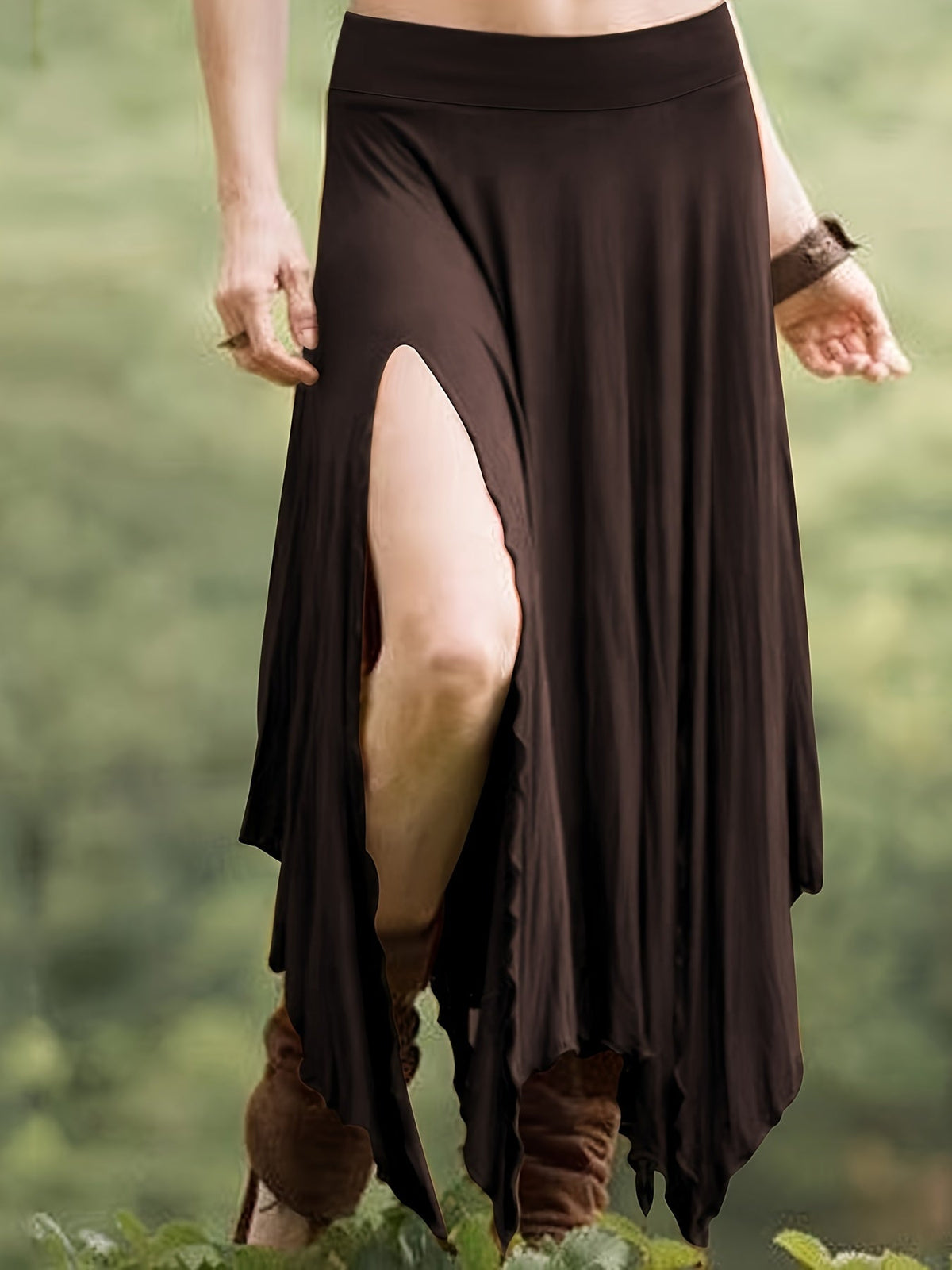 Jupe asymétrique pour femme - Jupe midi fendue à taille haute avec cordon de serrage, maille extensible 95 % polyester, style vintage décontracté pour le printemps et l'été