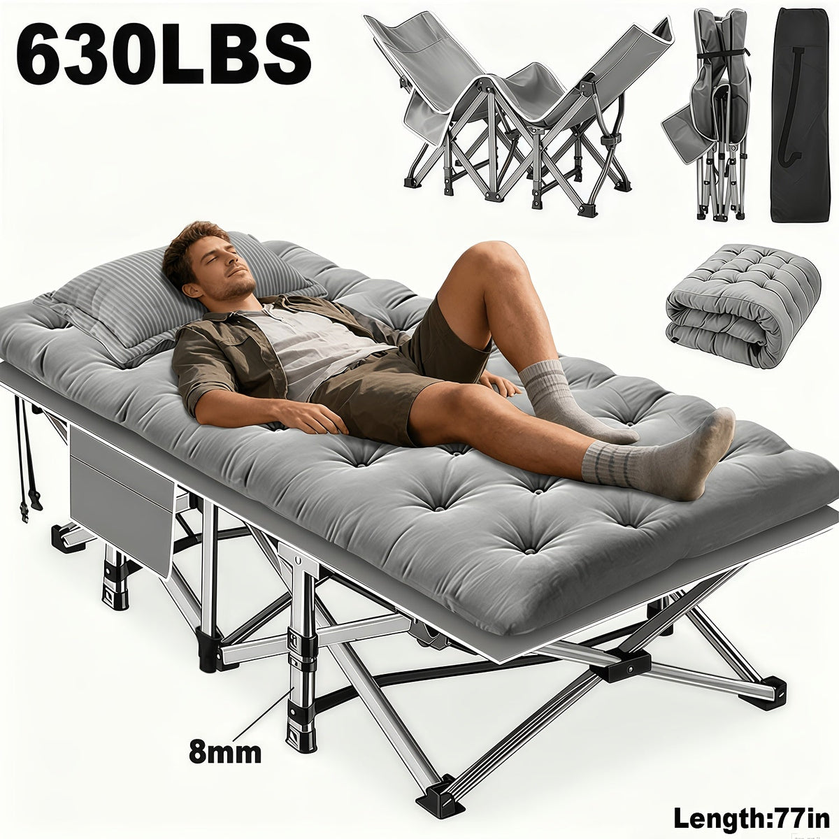 Lit pliant ultra-résistant supportant jusqu’à 285 kg avec matelas en option – Lit de camp portable avec pieds de support multiples, poches latérales et oreiller, lit d'appoint toutes saisons de 150 à 195 cm, peu encombrant