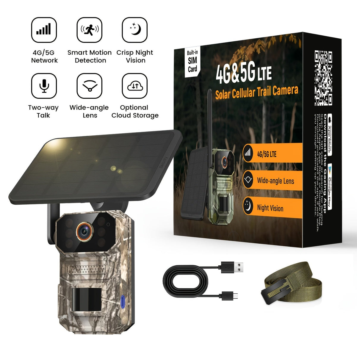 Caméra de chasse solaire 4G LTE 1920P HD – Caméra animalière cellulaire avec capteur de mouvement PIR, vision nocturne infrarouge, audio bidirectionnel, accès à distance, sans Wi-Fi requis, étanchéité IP65, alimentation solaire