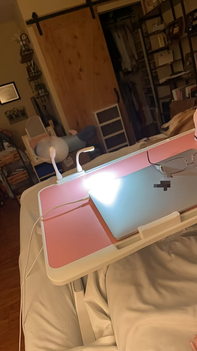 Plateau de lit pour ordinateur portable avec lampe USB, ventilateur et tiroir – Support d'ordinateur portable portable et réglable pour lit, canapé, bureau pour lire, écrire, manger, 10 couleurs et tailles