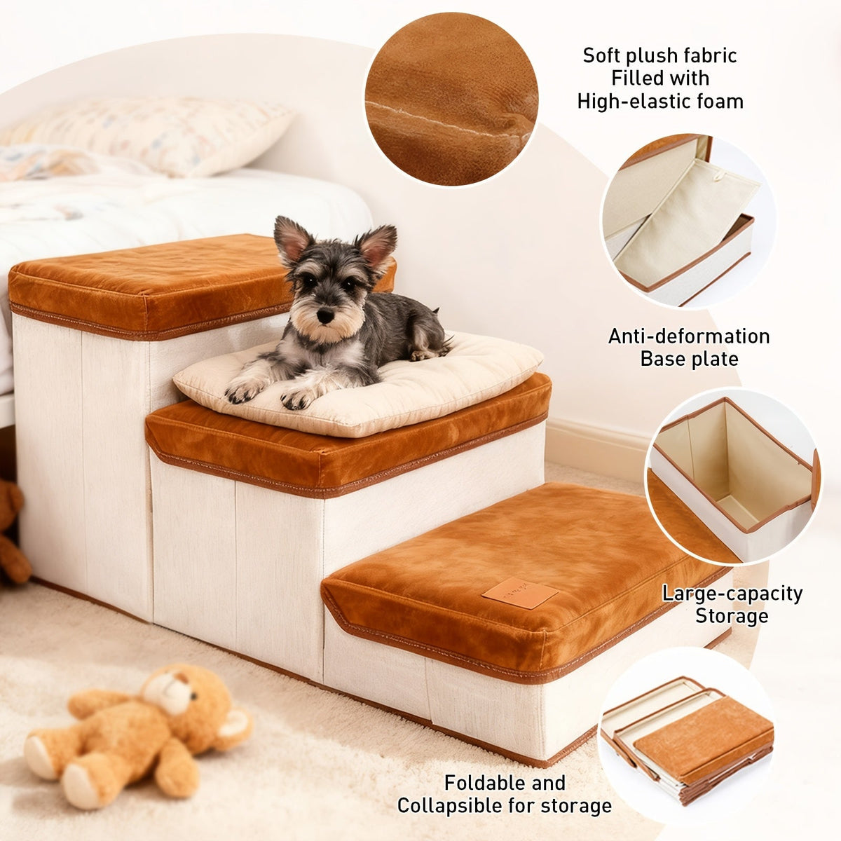 Escalier pliable pour petits chiens à 3 marches – Rampe pour animaux en nylon antidérapant pour lits et canapés surélevés, design pliable compact, marron et blanc, inclut une peluche en forme de patte de poulet en bonus
