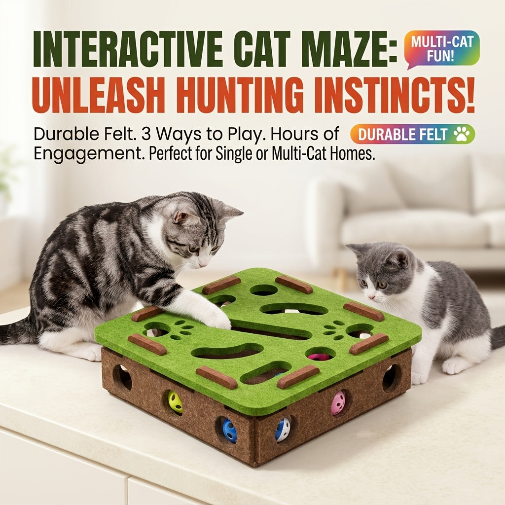 Plateau de jeu labyrinthe pour chat en feutre – Boîte de jeu éducative interactive de récupération de balles, montage sans outils, couvercle amovible pour un nettoyage facile, feutre épais anti-rayures, modèle amélioré, vert