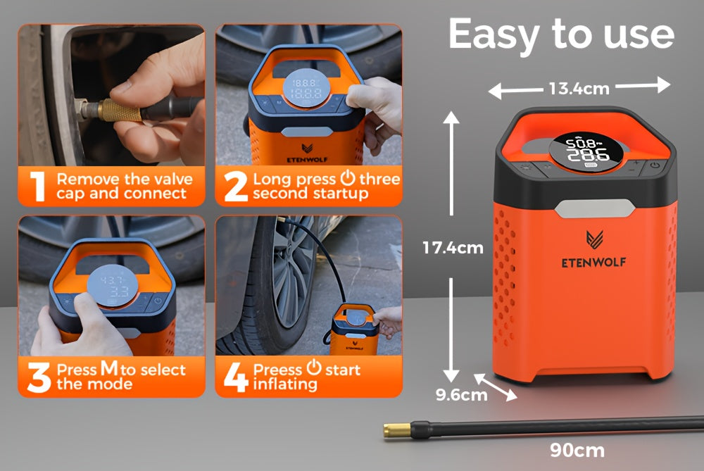 Compresseur d'air portable pour pneus – Gonflage rapide en 1 min, cycle de service 100 %, rechargeable par USB, affichage numérique, robuste pour pneus de voiture, vélos et ballons