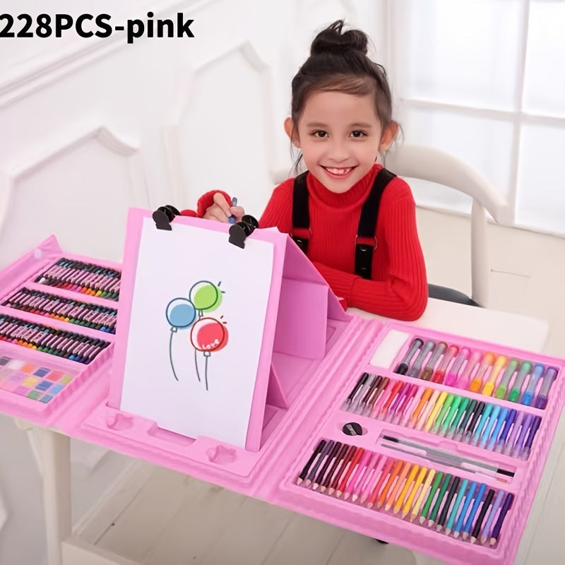 Set de 228 pièces pour activités artistiques pour enfants, kit de dessin et peinture de luxe avec pastels à l'huile, crayons de cire, feutres colorés et acryliques, pinceaux aquarelle et bloc à dessin, cadeau pour enfants