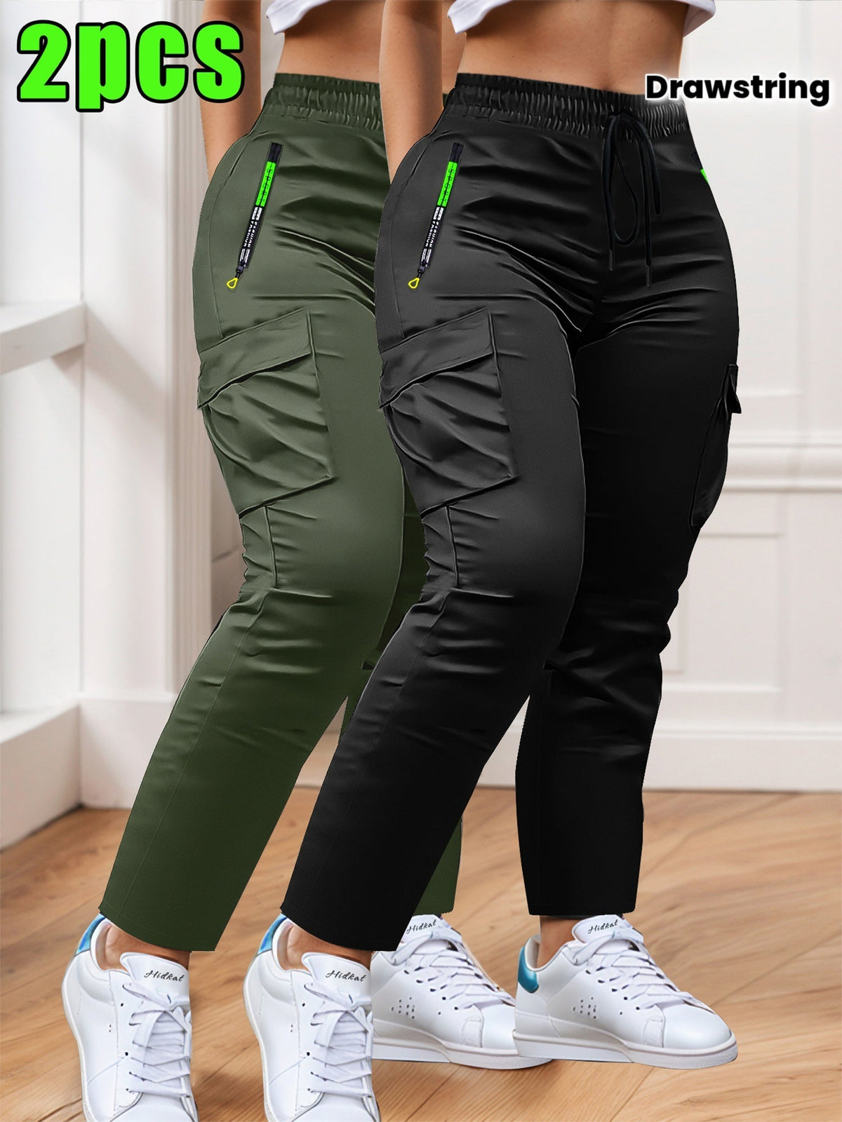 Lot de 2 pantalons cargo pour femme – Coupe ajustée, jambe droite, poches multiples – Taille à cordon, poches zippées, pantalon décontracté pour le travail en extérieur et le quotidien, XS-XXL