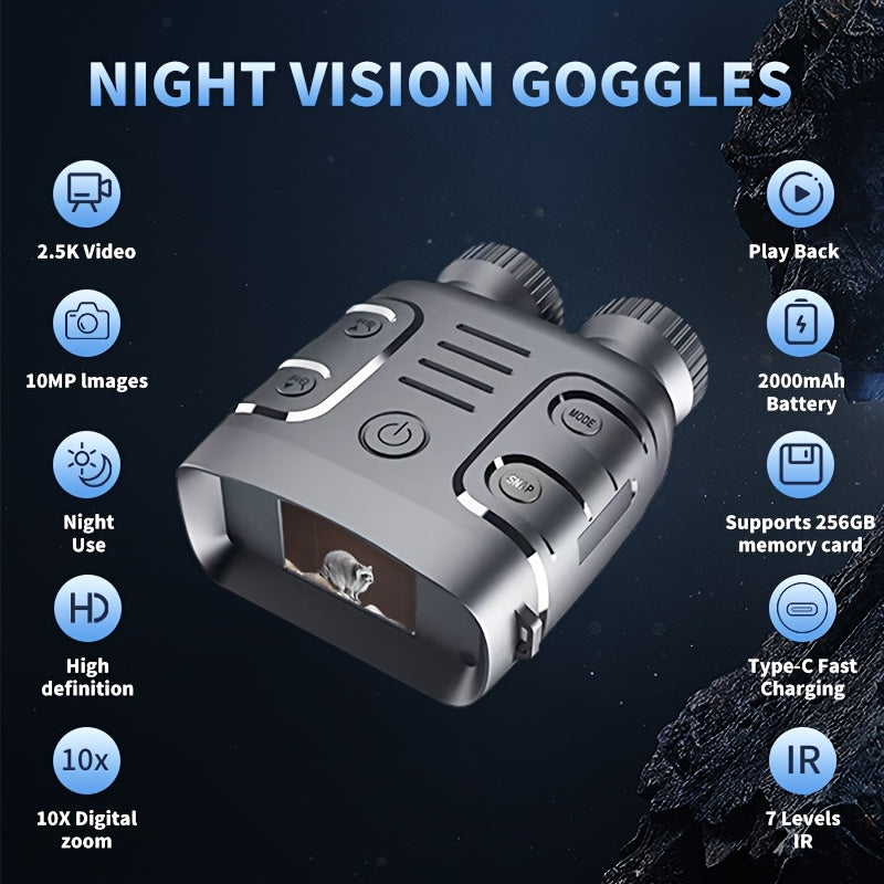 Jumelles de vision nocturne 2,5K HD – Zoom 10x, distance de visualisation de 800 m, écran 2,4", enregistrement photo et vidéo, pour la pêche, le camping, le bateau et la chasse, cadeau pratique pour hommes