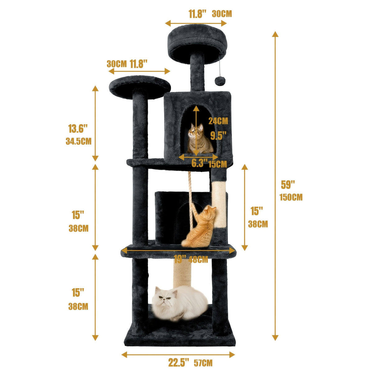 Arbre à chat multi-niveaux de 150 cm pour chats d'intérieur – Grand arbre à chat avec zone de repos en peluche, poteau à griffer en sisal et jouet à balle suspendue – Idéal pour chambre, salon et foyers multi-chats – Velora
