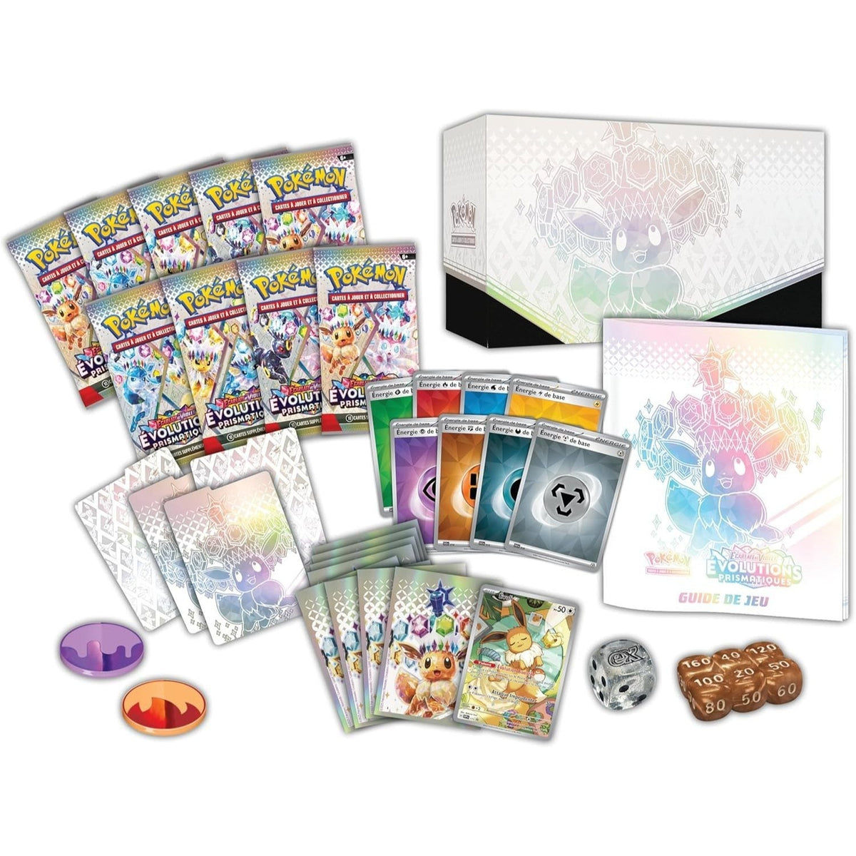 Coffret Dresseur d'Élite JCC Pokémon Écarlate et Violet Évolutions Prismatiques 100 % authentique, 9 boosters, carte promo brillante Évoli, 65 protège-cartes, cartes Énergie, dés, boîte de collection