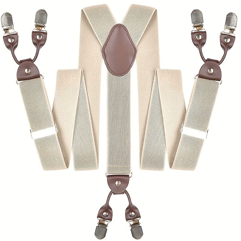 Bretelles pour homme en Y, cuir PU, robustes, avec 6 pinces métalliques – Style vintage élastique et réglable, noir, gris, bleu marine, blanc, café, beige, rouge vin, tenue décontractée et formelle