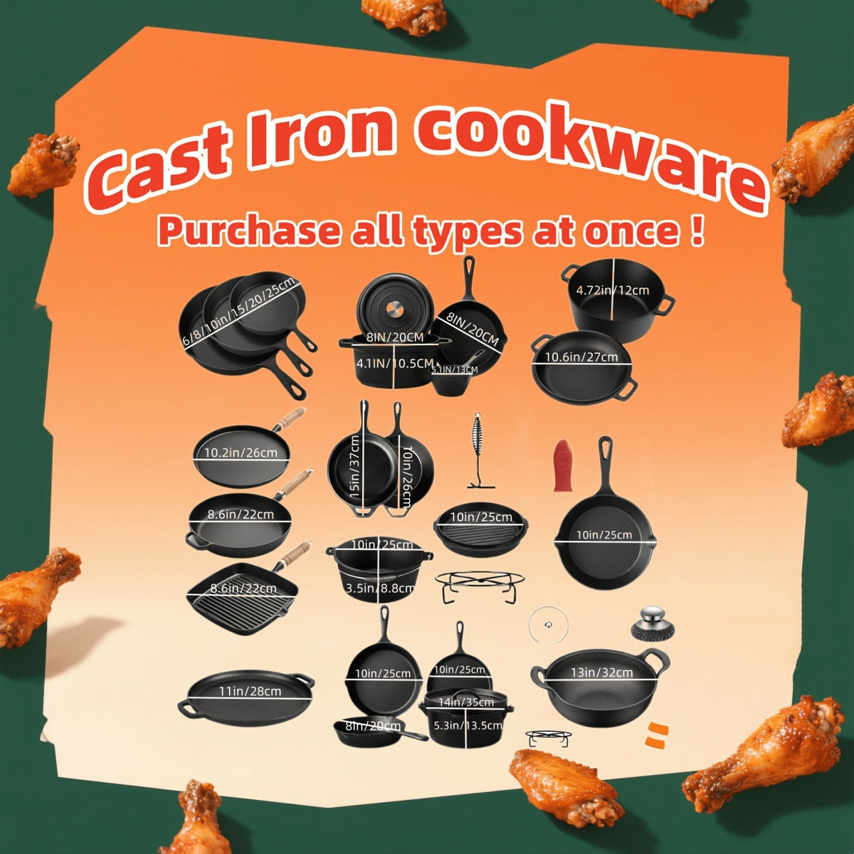 Ensemble d'ustensiles de cuisine en fonte, 6 pièces : poêle antiadhésive, cocotte, poêle à griller, kit pour induction, gaz, feu de camp, barbecue, cuisine en plein air et maison