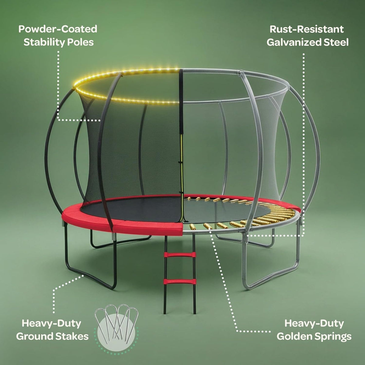 Trampoline d'extérieur JoyBerri avec filet de sécurité - Trampoline de jardin de 8 à 16 pieds pour enfants et adultes, cadre robuste antirouille, lumières LED, arroseur et échelle inclus | Cadeau de remise en forme amusant pour toute la famille