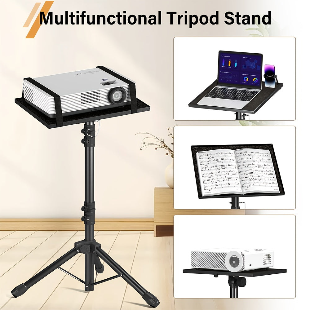 Trépied pour projecteur et ordinateur portable – Hauteur réglable avec support de téléphone col-de-cygne, plateau inclinable à 180°, capacité de 10 kg, support au sol portable pour bureau, maison, scène, studio et DJ