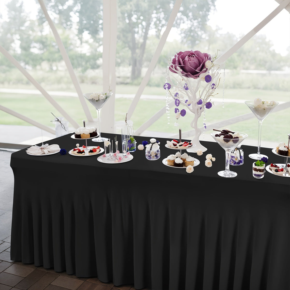 Nappe en élasthanne élastique avec jupe méduse, tissu polyester épais, opaque et hautement extensible pour tables de 4 et 6 pieds, idéale pour fêtes, anniversaires, mariages, banquets, hôtels, conférences et salons professionnels