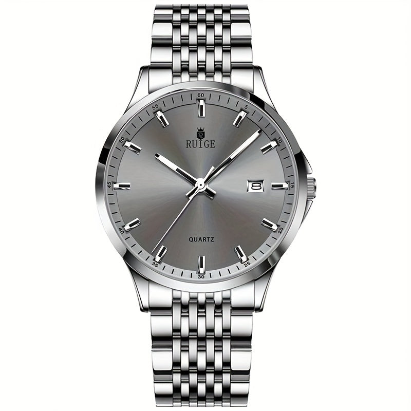 Montre à quartz de luxe pour homme RUIGE en acier inoxydable avec calendrier, fonction nocturne et strass - Montre sport, habillée et décontractée pour homme, cadeau pour lui