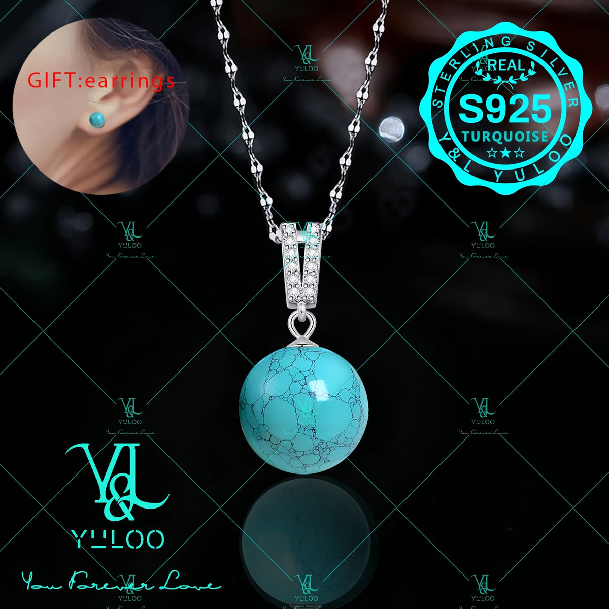 Collier pendentif en argent sterling 925 avec véritable turquoise naturelle, 18+2 pouces – Élégant bijou bohème en pierre précieuse pour femme avec boucles d'oreilles offertes, disponible en argent et en or, cadeau idéal pour elle