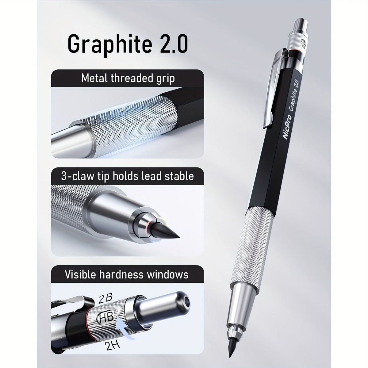 Ensemble de 34 crayons mécaniques artistiques avec étui, 6 crayons de dessin en métal, mines de 0,5 mm, 0,7 mm, 0,9 mm, 2 mm, 19 mines de recharge et gommes pour artistes, croquis et dessin