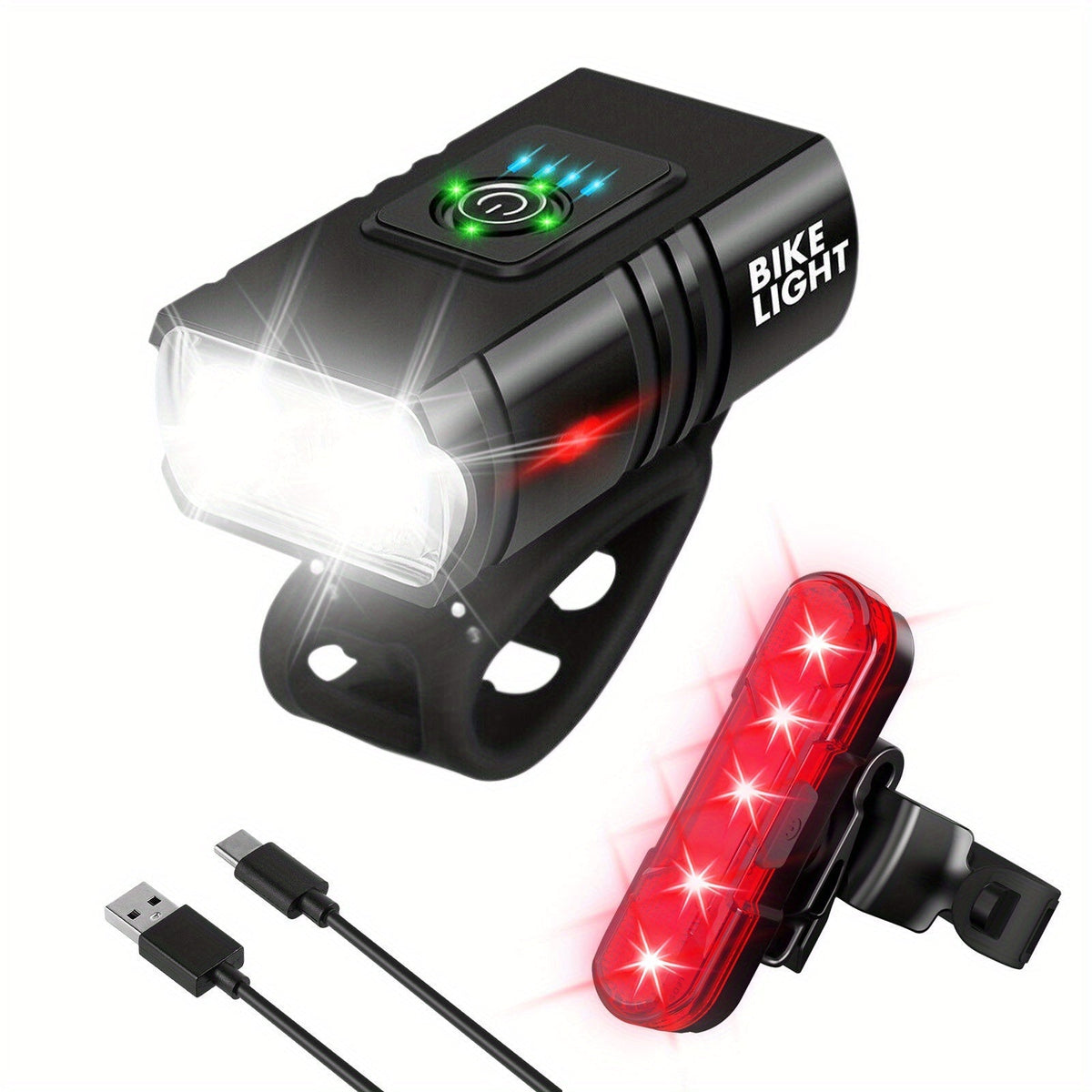 Ensemble de lumières de vélo LED rechargeables USB-C 1500 lumens – Feux avant et arrière pour vélo, 6+4 modes, étanches, indicateur de charge, charge rapide, éclairage de sécurité nocturne pour vélo de route et VTT